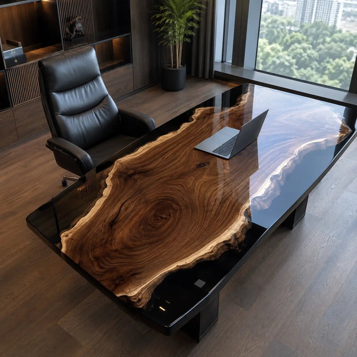 Custom Black Walnut Office Desk with Transparent Black Epoxy Resin | ECT-361 - Elitecustomtable