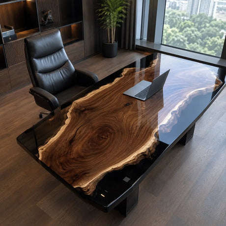 Custom Black Walnut Office Desk with Transparent Black Epoxy Resin | ECT-361 - Elitecustomtable