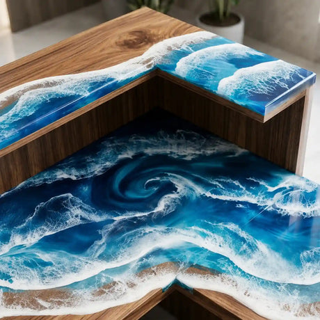Custom walnut and blue epoxy resin reception table featuring a two-tier L-shaped layout, realistic ocean wave artwork, and elegant modern office styling