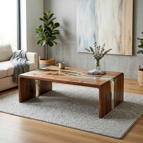 Custom Clear Epoxy Resin Coffee Table – 100% Solid Walnut Wood | ECT-355 - Elitecustomtable