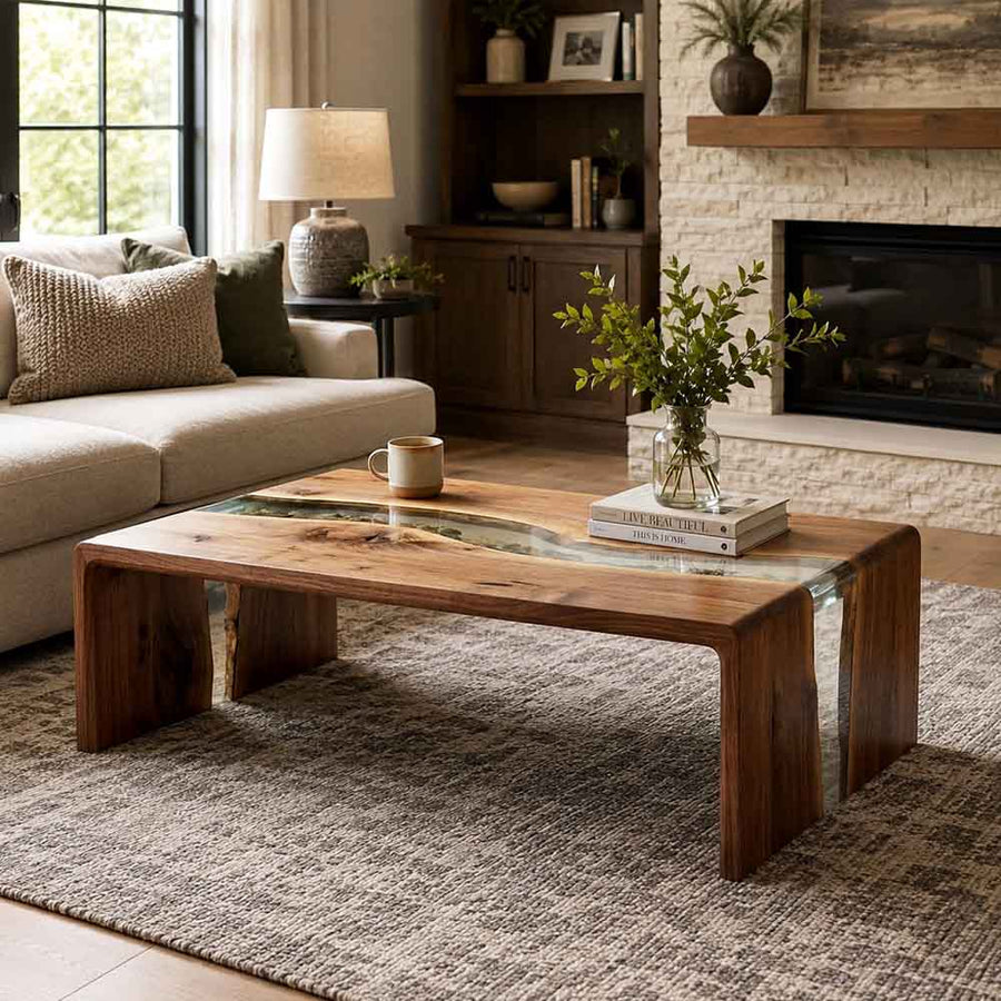 Custom Clear Epoxy Resin Coffee Table – 100% Solid Walnut Wood | ECT-355