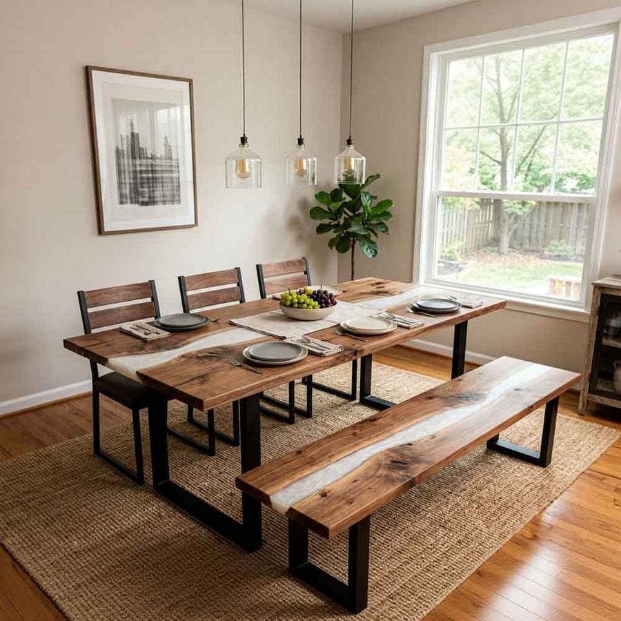 Custom Crystal Clear Epoxy Resin Dining Table – 100% Solid Walnut | ECT-335