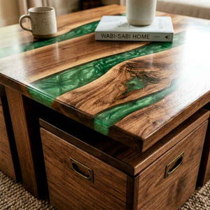 Custom Emerald Green Epoxy Resin Coffee Table – 100% Solid Walnut | ECT-349 - Elitecustomtable