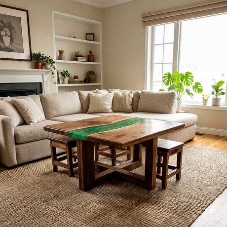 Custom Emerald Green Epoxy Resin Coffee Table – 100% Solid Walnut | ECT-352 - Elitecustomtable