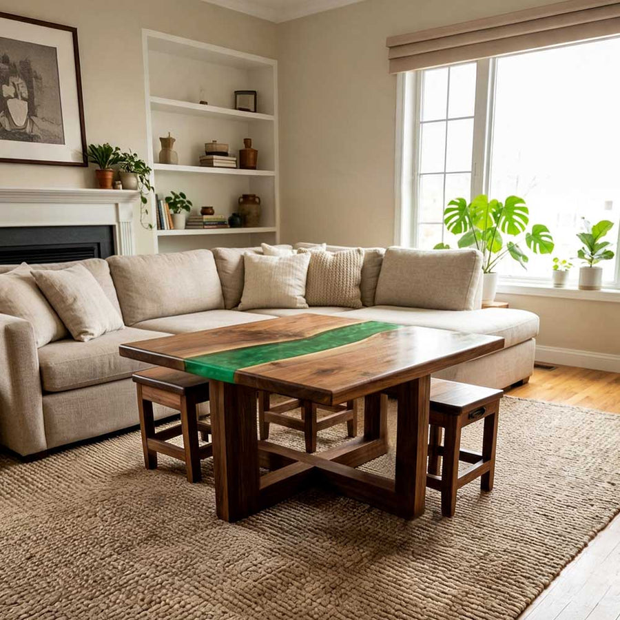 Custom Emerald Green Epoxy Resin Coffee Table – 100% Solid Walnut | ECT-352