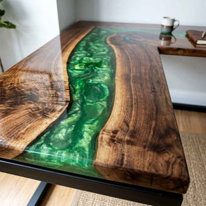 Custom Emerald Green Epoxy Resin L-Shaped Desk – 100% Solid Walnut | ECT-331 - Elitecustomtable