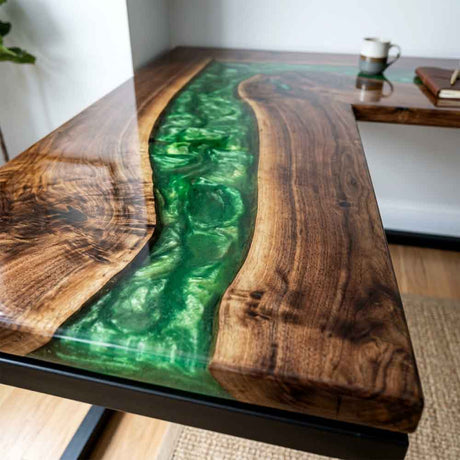 Custom Emerald Green Epoxy Resin L-Shaped Desk – 100% Solid Walnut | ECT-331 - Elitecustomtable
