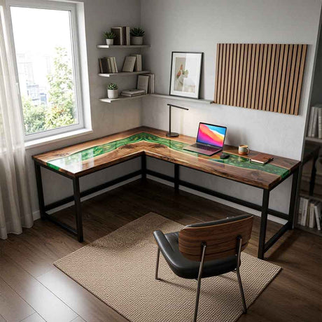 Custom Emerald Green Epoxy Resin L-Shaped Desk – 100% Solid Walnut | ECT-331 - Elitecustomtable