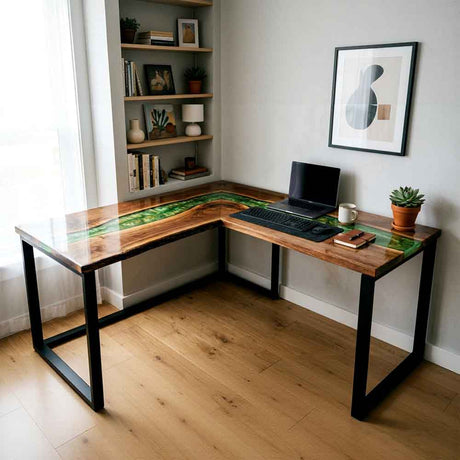Custom Emerald Green Epoxy Resin L-Shaped Desk – 100% Solid Walnut | ECT-331 - Elitecustomtable