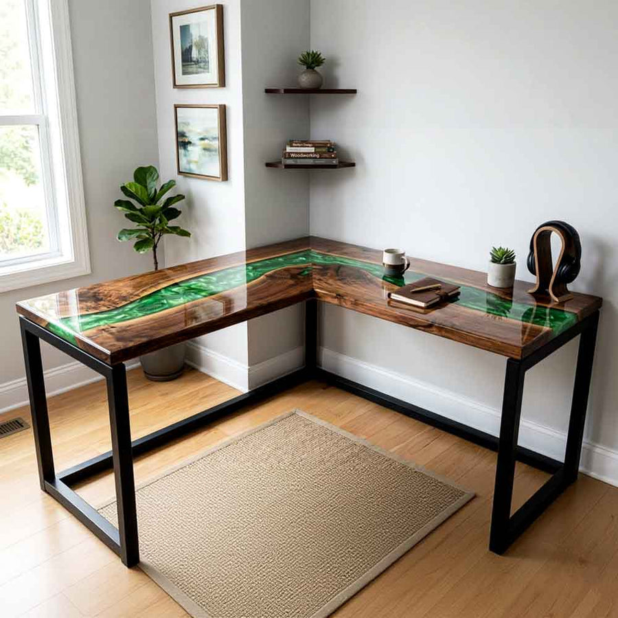 Custom Emerald Green Epoxy Resin L-Shaped Desk – 100% Solid Walnut | ECT-331
