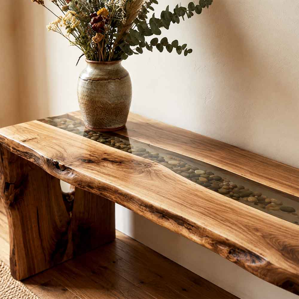 Custom Live Edge Epoxy Waterfall Console Table – Solid Wood Entryway Table | ECT-324 - Elitecustomtable