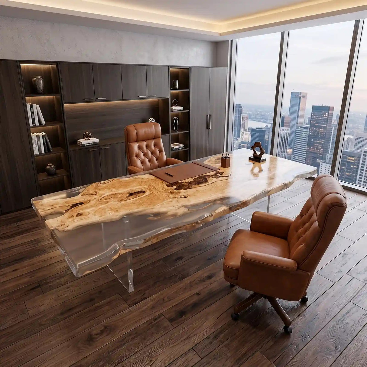 Custom Live Edge Poplar Office Desk with Crystal Clear Epoxy Resin | ECT-365 - Elitecustomtable