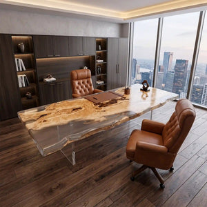 Custom Live Edge Poplar Office Desk with Crystal Clear Epoxy Resin | ECT-365 - Elitecustomtable