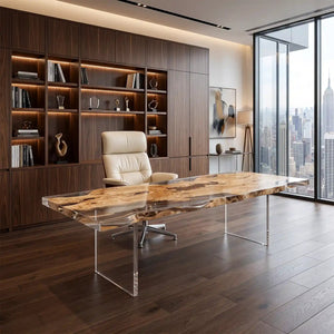 Custom Live Edge Poplar Office Desk with Crystal Clear Epoxy Resin | ECT-365 - Elitecustomtable