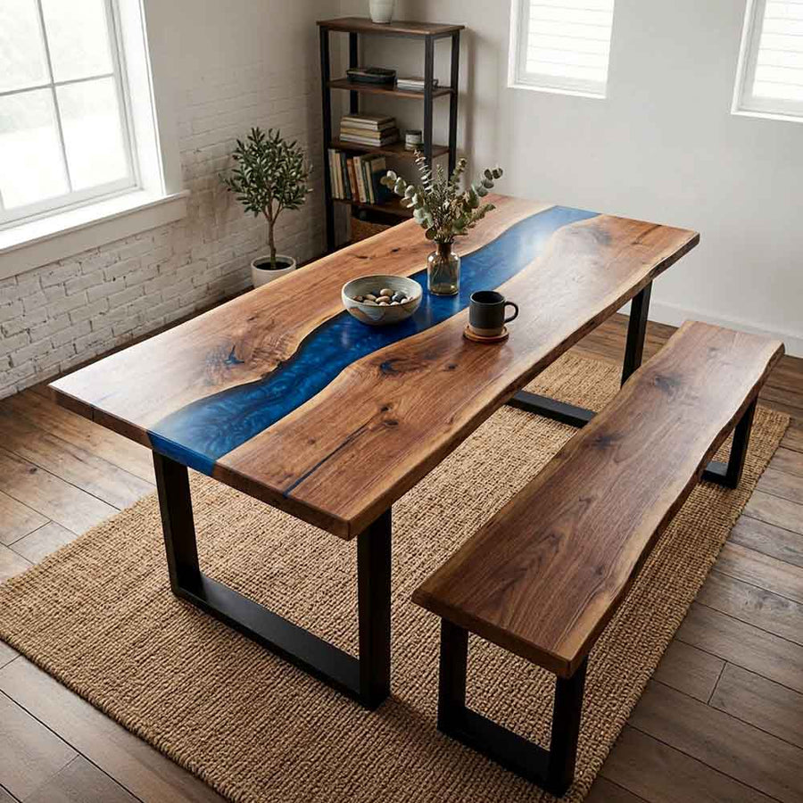 Custom Ocean Epoxy Resin Dining Table – 100% Solid Walnut | ECT-333