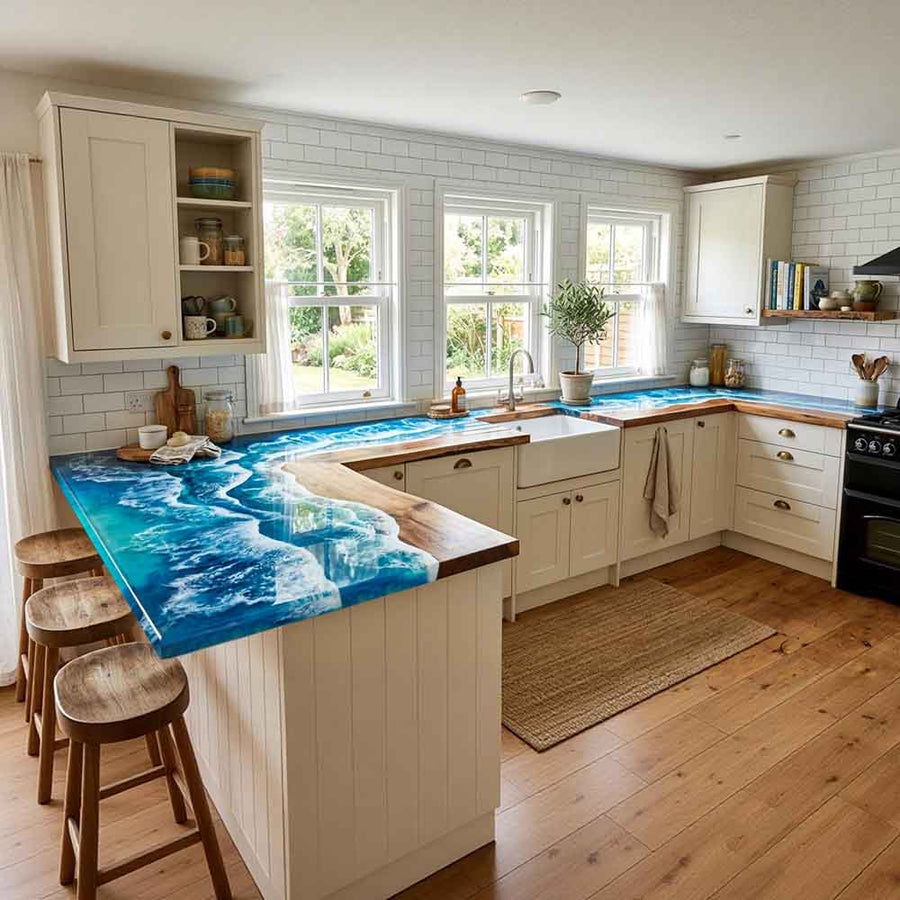Custom Ocean Epoxy Resin Kitchen Countertop – 100% Solid Walnut | ECT-327