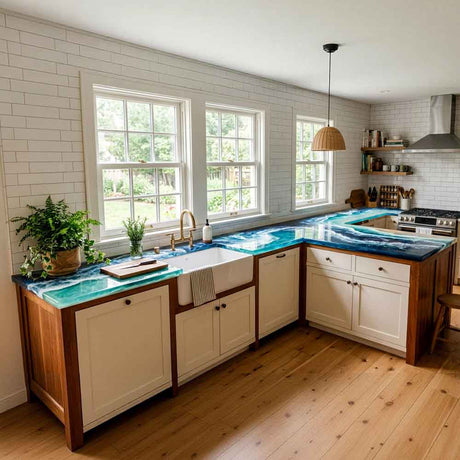 Custom Ocean Epoxy Resin Kitchen Countertop – 100% Solid Walnut | ECT-327 - Elitecustomtable