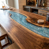Custom Ocean Epoxy Resin Kitchen Island Countertop – 100% Solid Walnut | ECT-337 - Elitecustomtable