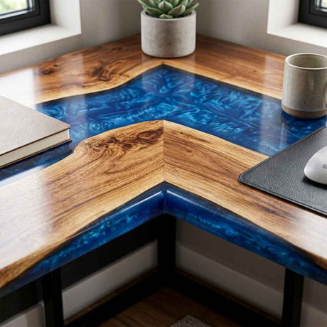 Custom Ocean Epoxy Resin L-Shaped Desk – 100% Solid Walnut | ECT-330 - Elitecustomtable