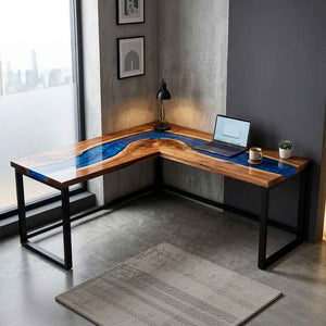 Custom Ocean Epoxy Resin L-Shaped Desk – 100% Solid Walnut | ECT-330 - Elitecustomtable