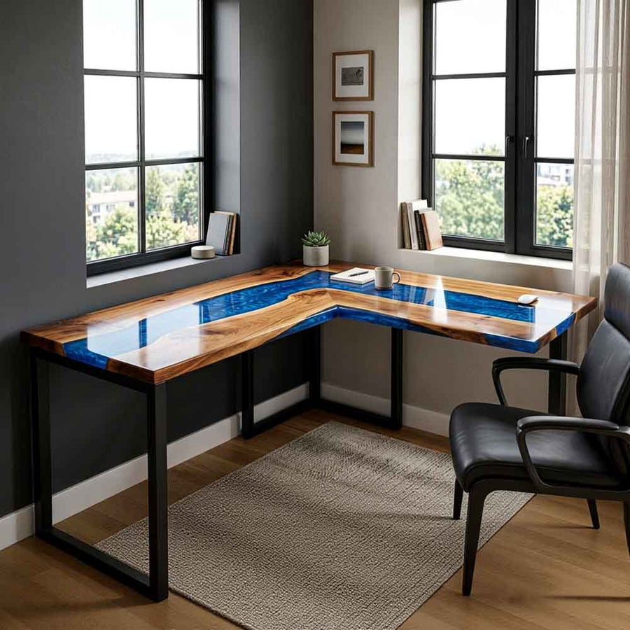 Custom Ocean Epoxy Resin L-Shaped Desk – 100% Solid Walnut | ECT-330