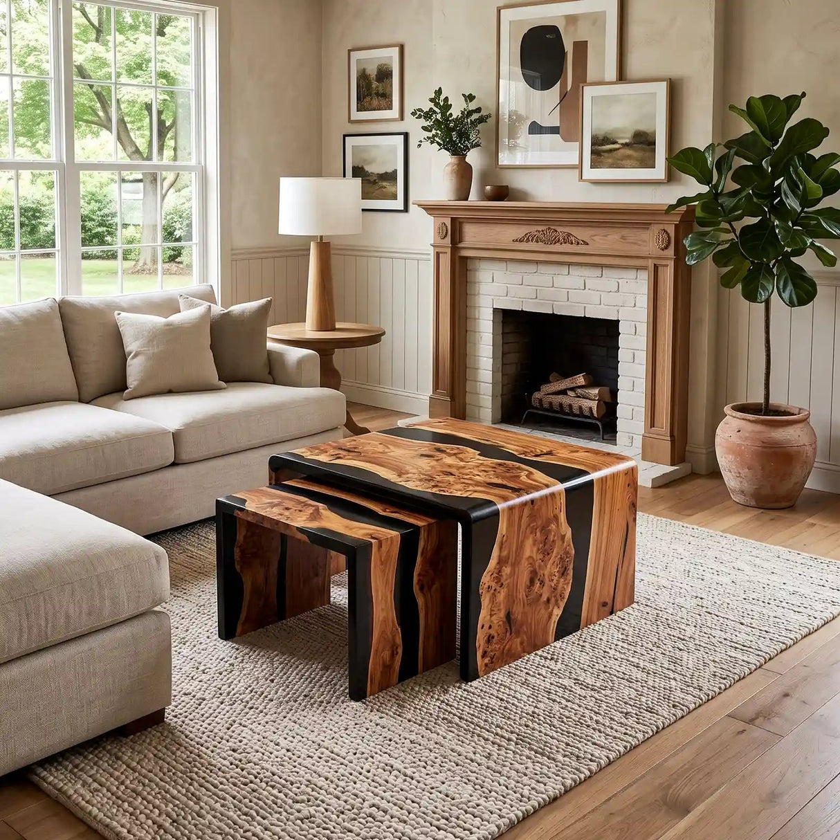 Custom Olive Wood Black Epoxy Resin Nesting Coffee Table Set | ECT-391 - Elitecustomtable