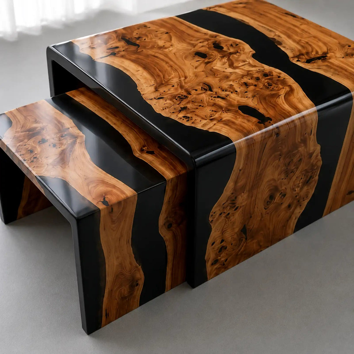 Custom Olive Wood Black Epoxy Resin Nesting Coffee Table Set | ECT-391 - Elitecustomtable
