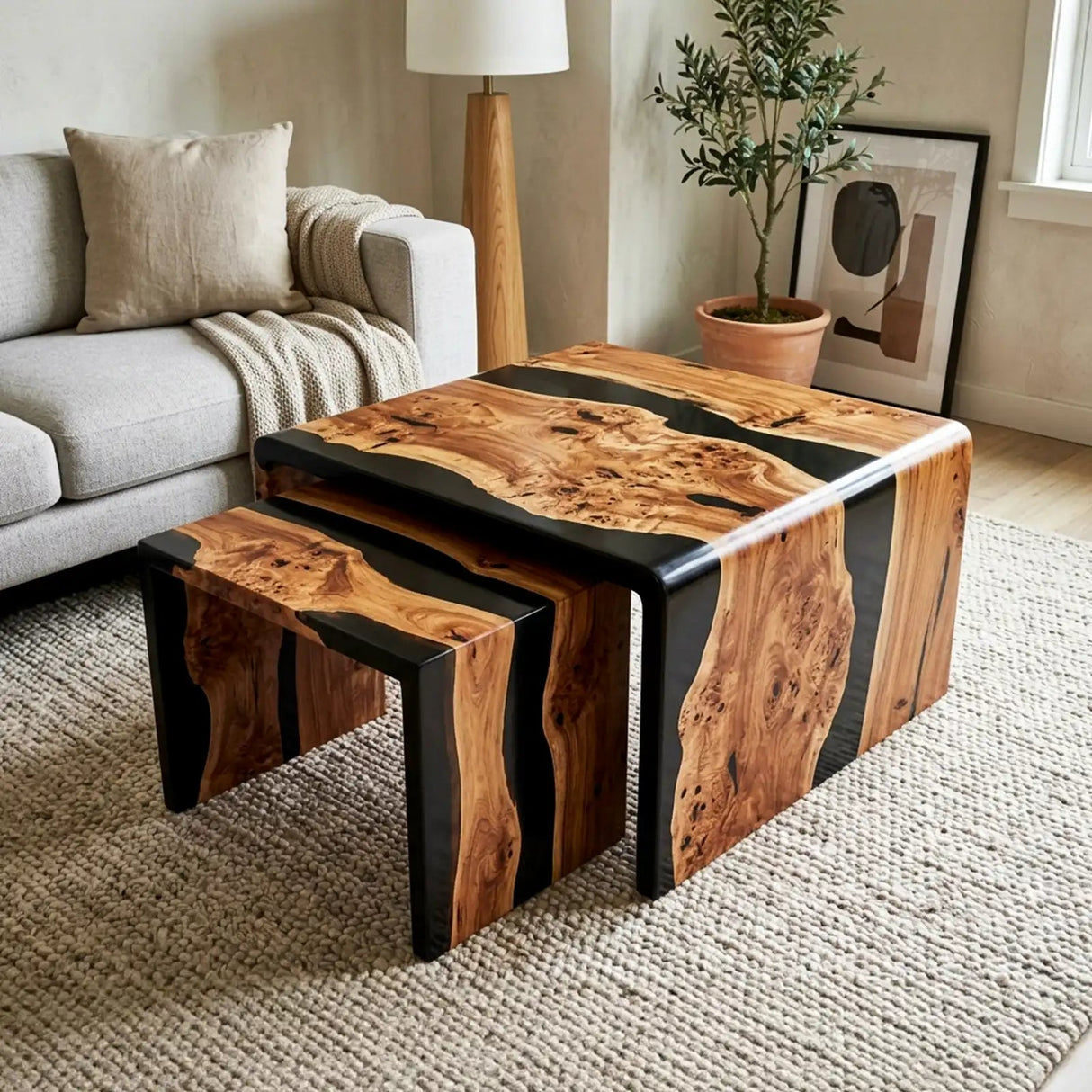 Custom Olive Wood Black Epoxy Resin Nesting Coffee Table Set | ECT-391 - Elitecustomtable