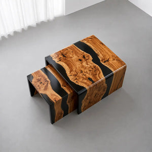 Custom Olive Wood Black Epoxy Resin Nesting Coffee Table Set | ECT-391 - Elitecustomtable