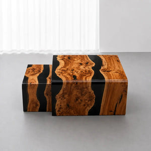 Custom Olive Wood Black Epoxy Resin Nesting Coffee Table Set | ECT-391 - Elitecustomtable