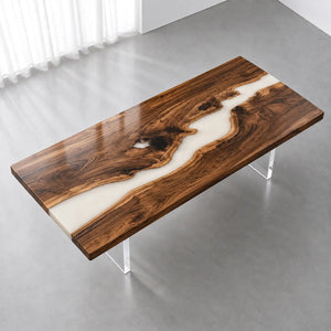 Custom olive wood epoxy meeting table combining creamy white resin with intricate swirling wood patterns and warm golden brown tones