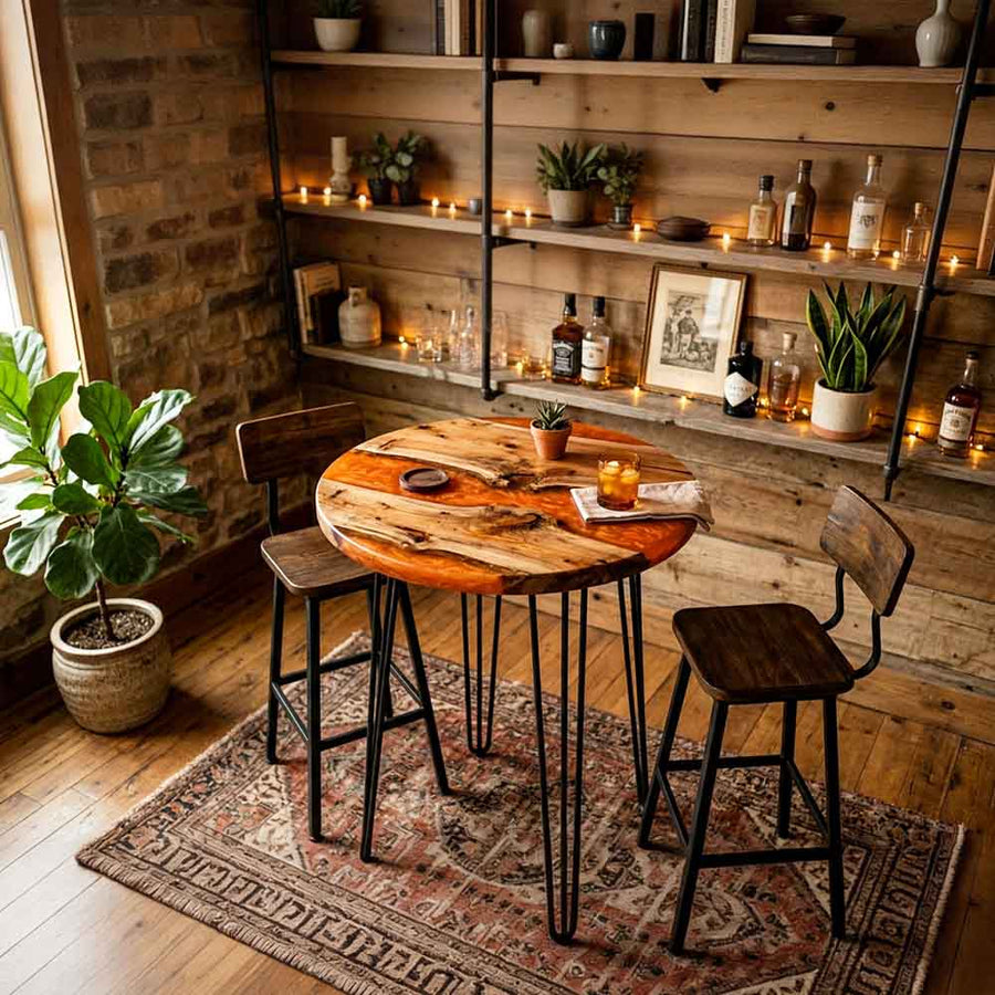 Custom Round Amber Epoxy Resin Home Bar Table – 100% Solid Walnut | ECT-346