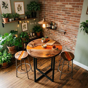 Custom Round Amber Epoxy Resin Home Bar Table – 100% Solid Walnut | ECT-346 - Elitecustomtable