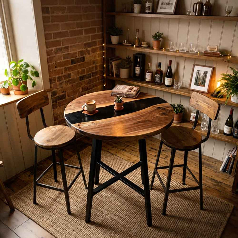 Custom Round Black Epoxy Resin Home Bar Table – 100% Solid Walnut | ECT-348