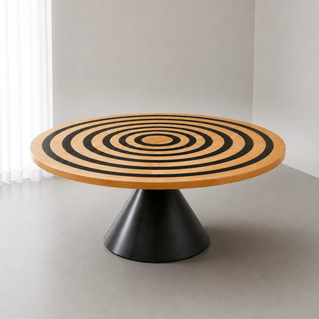 Custom round epoxy resin dining table featuring light ash wood, contrasting black resin rings, and a sculptural black metal pedestal base