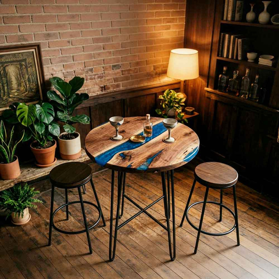Custom Round Ocean Blue Epoxy Resin Home Bar Table – 100% Solid Walnut | ECT-345