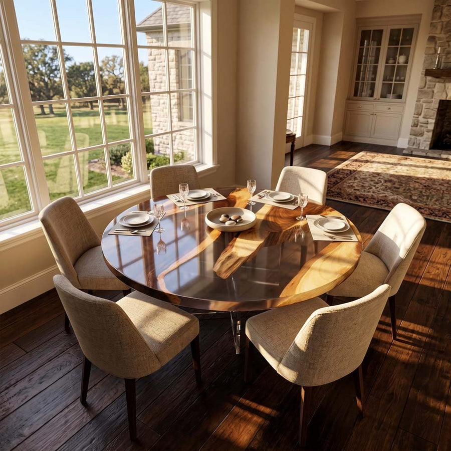 Custom Round Walnut Dining Table with Crystal Clear Epoxy Resin | ECT-323