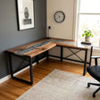 Custom Smoky Gray Epoxy Resin L-Shaped Desk – 100% Solid Walnut | ECT-332 - Elitecustomtable