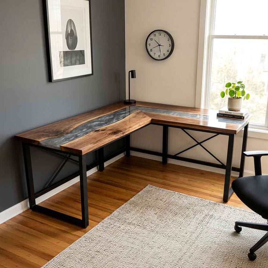 Custom Smoky Gray Epoxy Resin L-Shaped Desk – 100% Solid Walnut | ECT-332