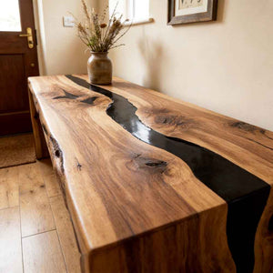 Custom Straight Edge Olive Wood Epoxy Waterfall Console Table – Solid Wood Entryway Table | ECT-326 - Elitecustomtable