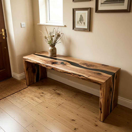 Custom Straight Edge Olive Wood Epoxy Waterfall Console Table – Solid Wood Entryway Table | ECT-326 - Elitecustomtable