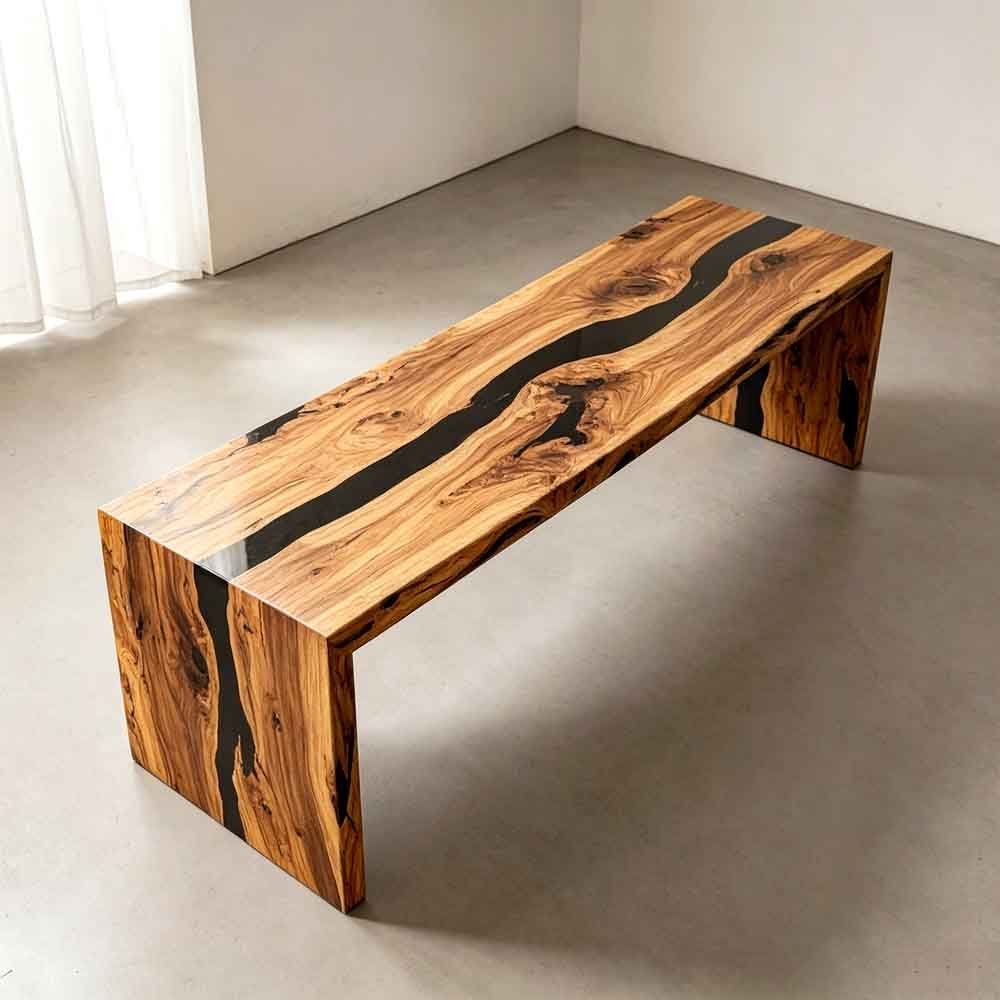 Custom Straight Edge Olive Wood Epoxy Waterfall Console Table – Solid Wood Entryway Table | ECT-326 - Elitecustomtable