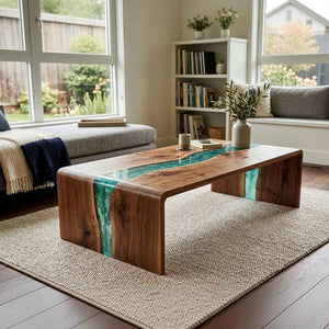 Custom Turquoise Epoxy Resin Coffee Table – 100% Solid Walnut Wood | ECT-354 - Elitecustomtable