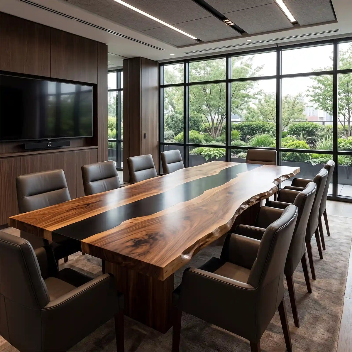 Handcrafted walnut wood conference table featuring a sleek black epoxy resin river, rich natural wood grain, and elegant live edge details