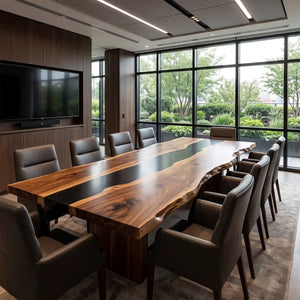 Handcrafted walnut wood conference table featuring a sleek black epoxy resin river, rich natural wood grain, and elegant live edge details