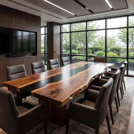 Handcrafted walnut wood conference table featuring a sleek black epoxy resin river, rich natural wood grain, and elegant live edge details