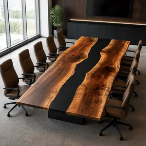 Custom walnut and black epoxy tabletop showcasing dramatic grain patterns, natural knots, and an irregular resin river design
