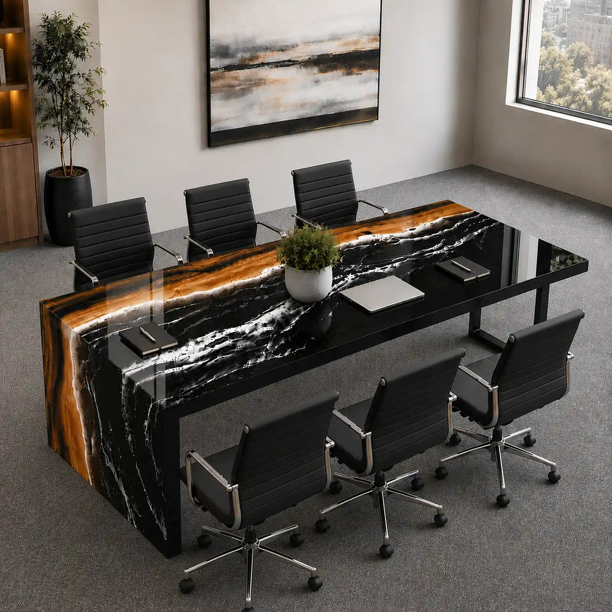 Custom Walnut Black Ocean Wave Epoxy Resin Conference Table | ECT-395 - Elitecustomtable