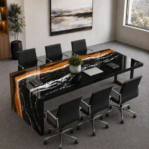 Custom Walnut Black Ocean Wave Epoxy Resin Conference Table | ECT-395 - Elitecustomtable