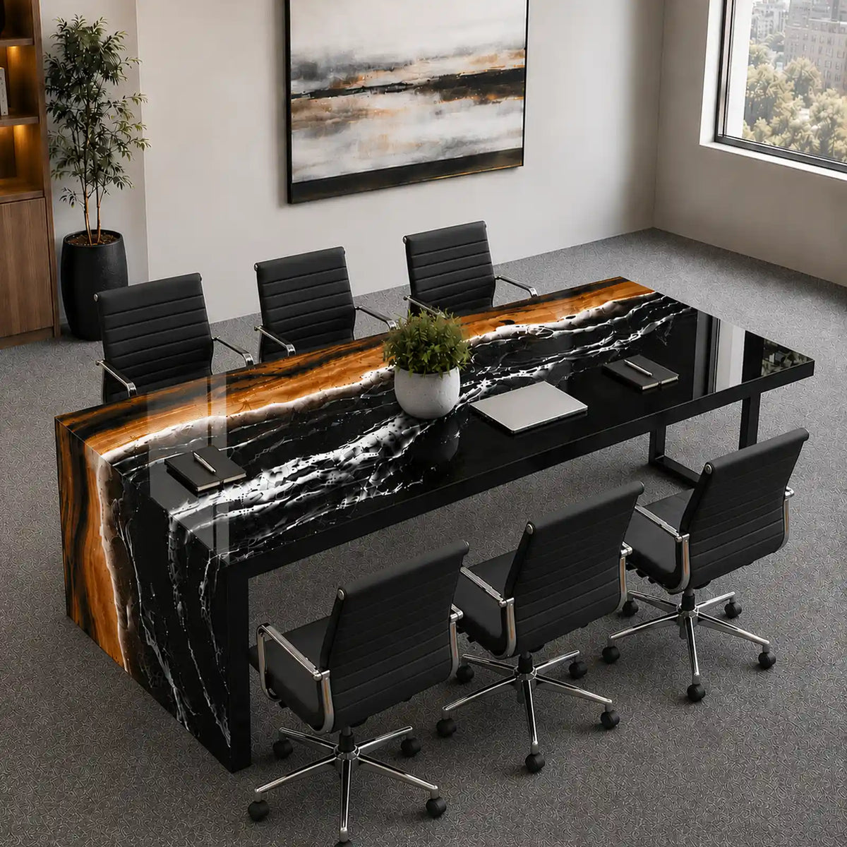 Custom walnut and black epoxy resin office desk showcasing dramatic ocean-inspired waves, warm brown wood tones, and a sleek rectangular tabletop